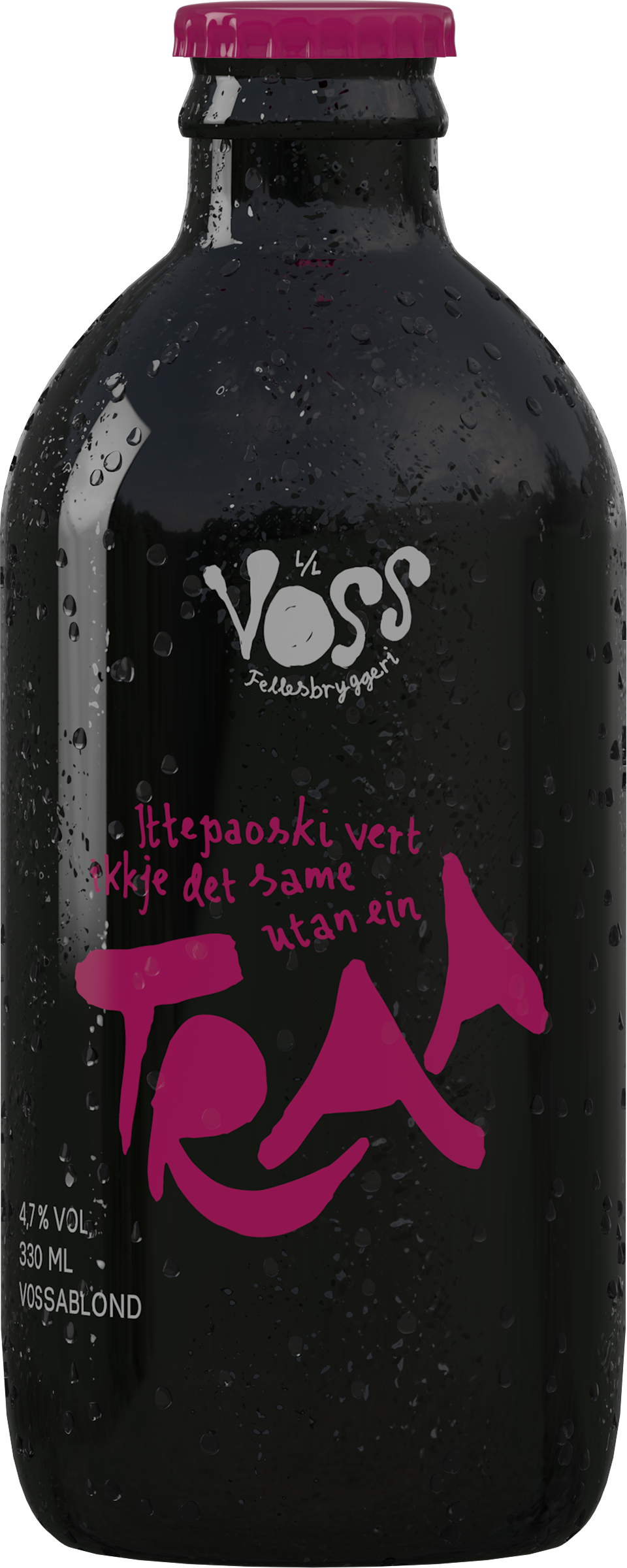 Black bottle labelled "Traa", hand-lettered in magenta with a matching cap