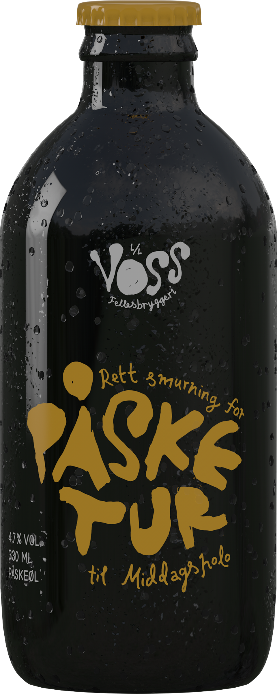 Black bottle labelled "Påsketur", hand-lettered in gold with a matching cap