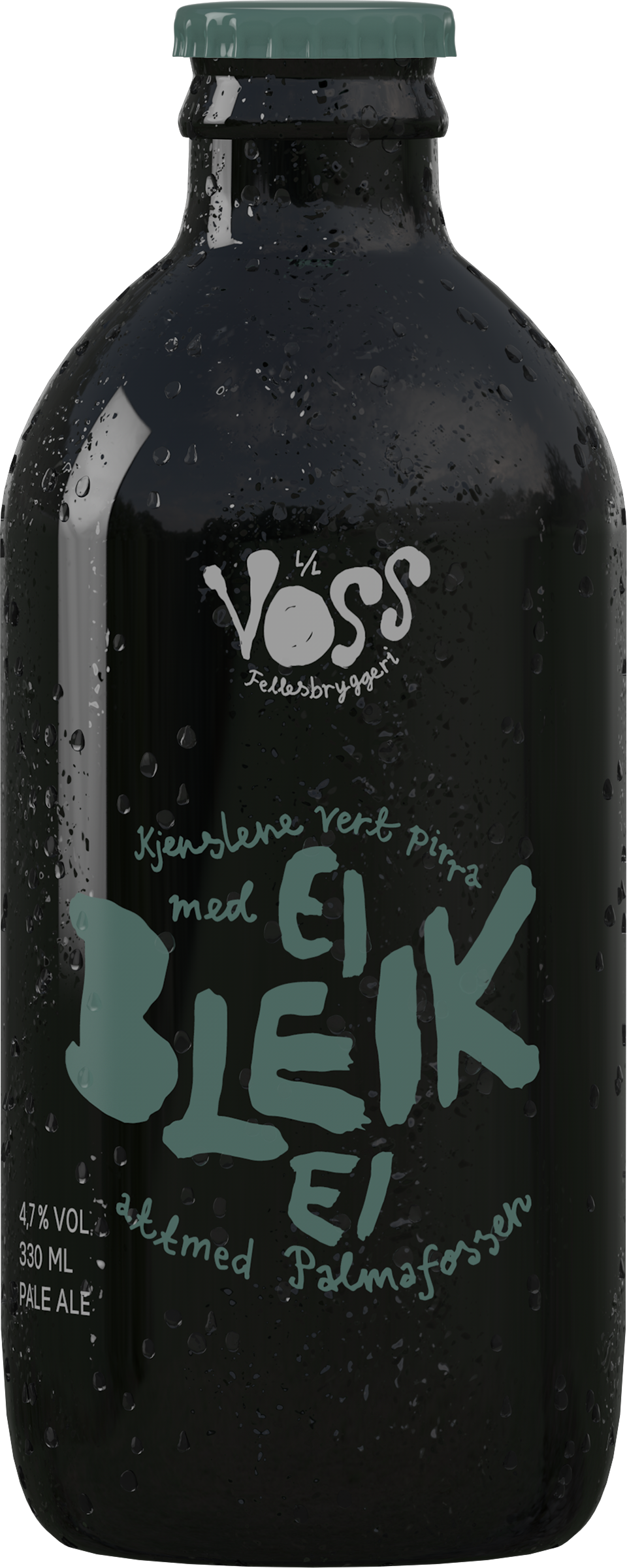 Black bottle labelled "Ei Bleik Ei Palmafossen", hand-lettered in teal with a matching cap