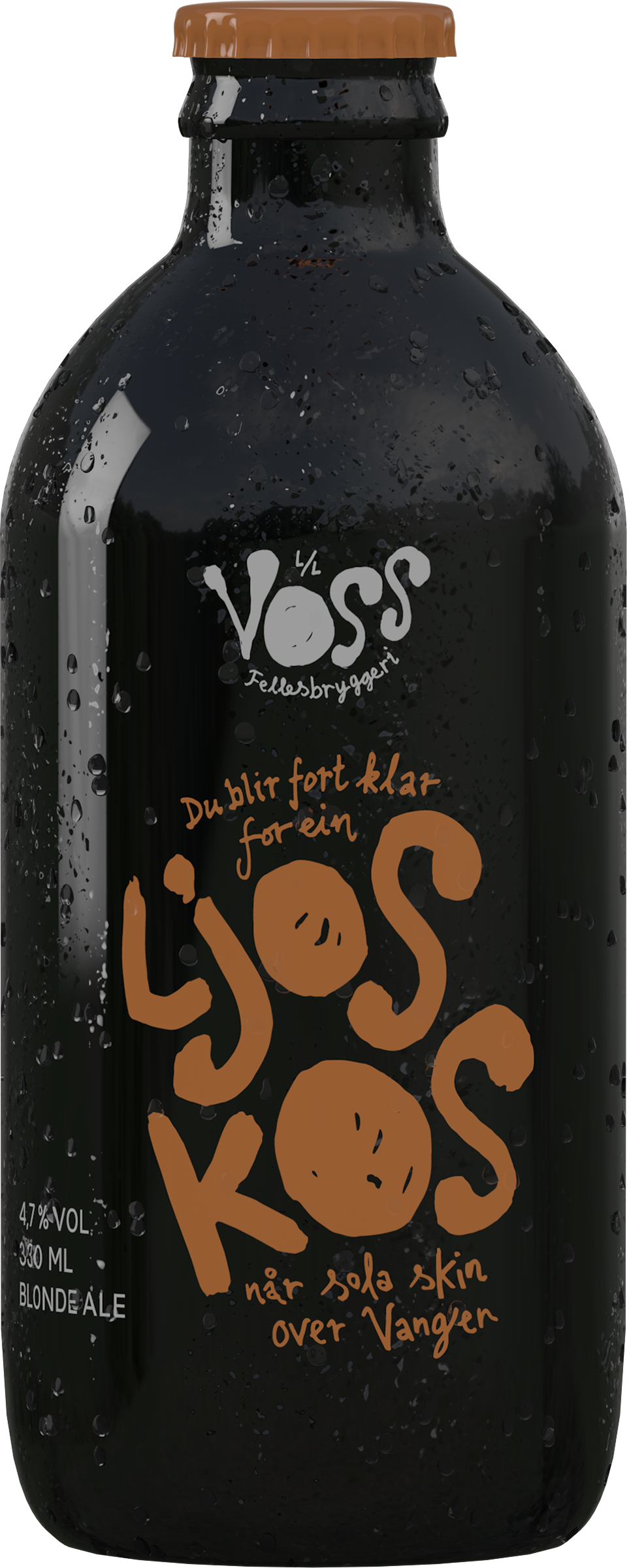 Black bottle labelled "Ljos Kos", hand-lettered in orange with a matching cap