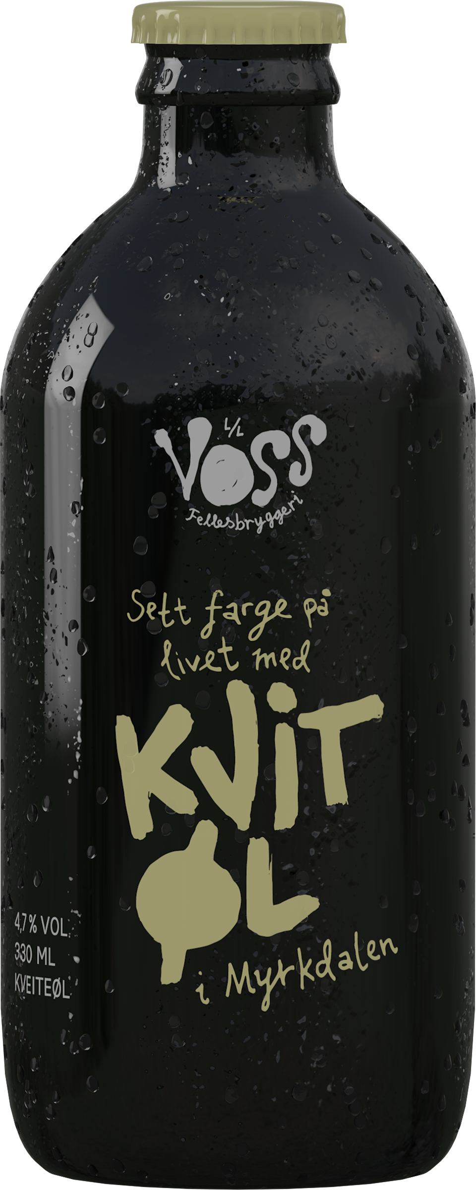Black bottle labelled "Kvit Øl i Myrkdalen", hand-lettered in pale yellow-green with a matching cap