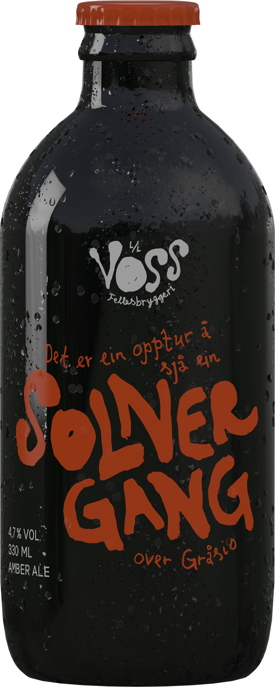 Black bottle labelled "Solnergang", hand-lettered in red-orange with a matching cap