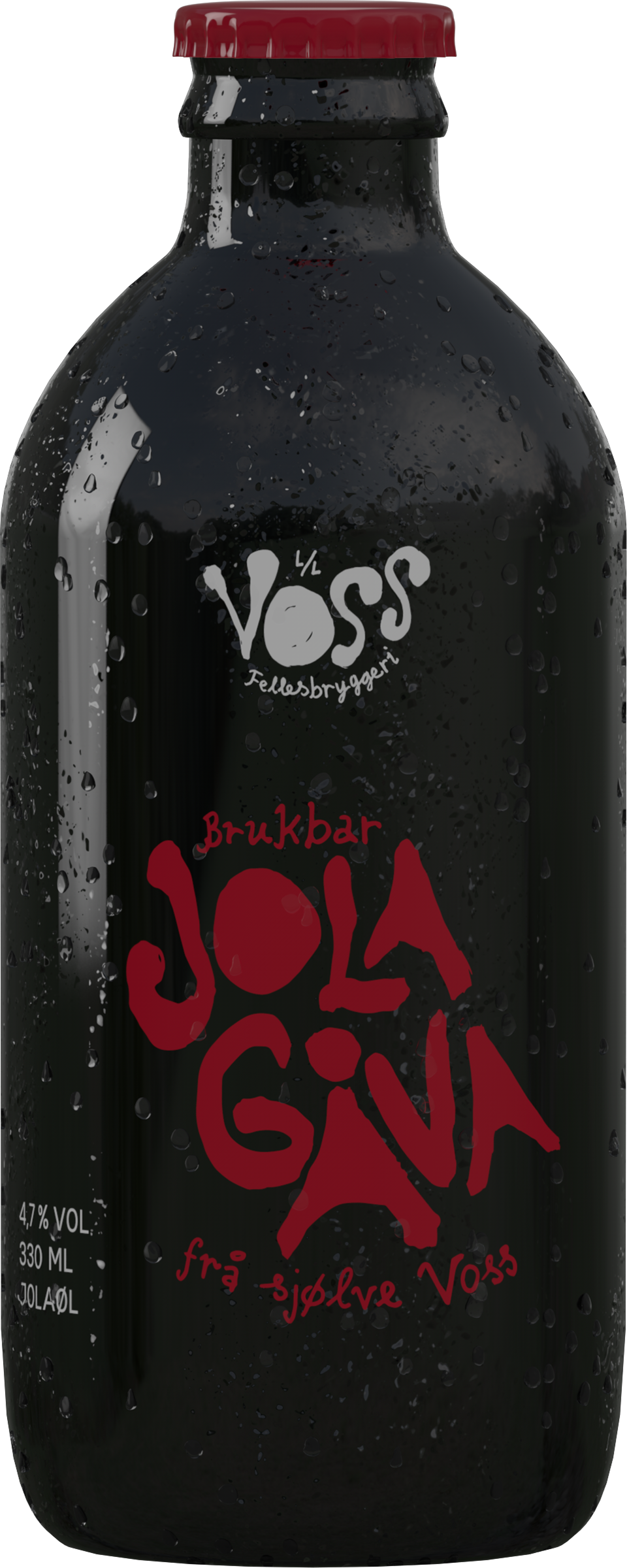 Black bottle labelled "Brukbar Jolagåva", hand-lettered in red with a black cap