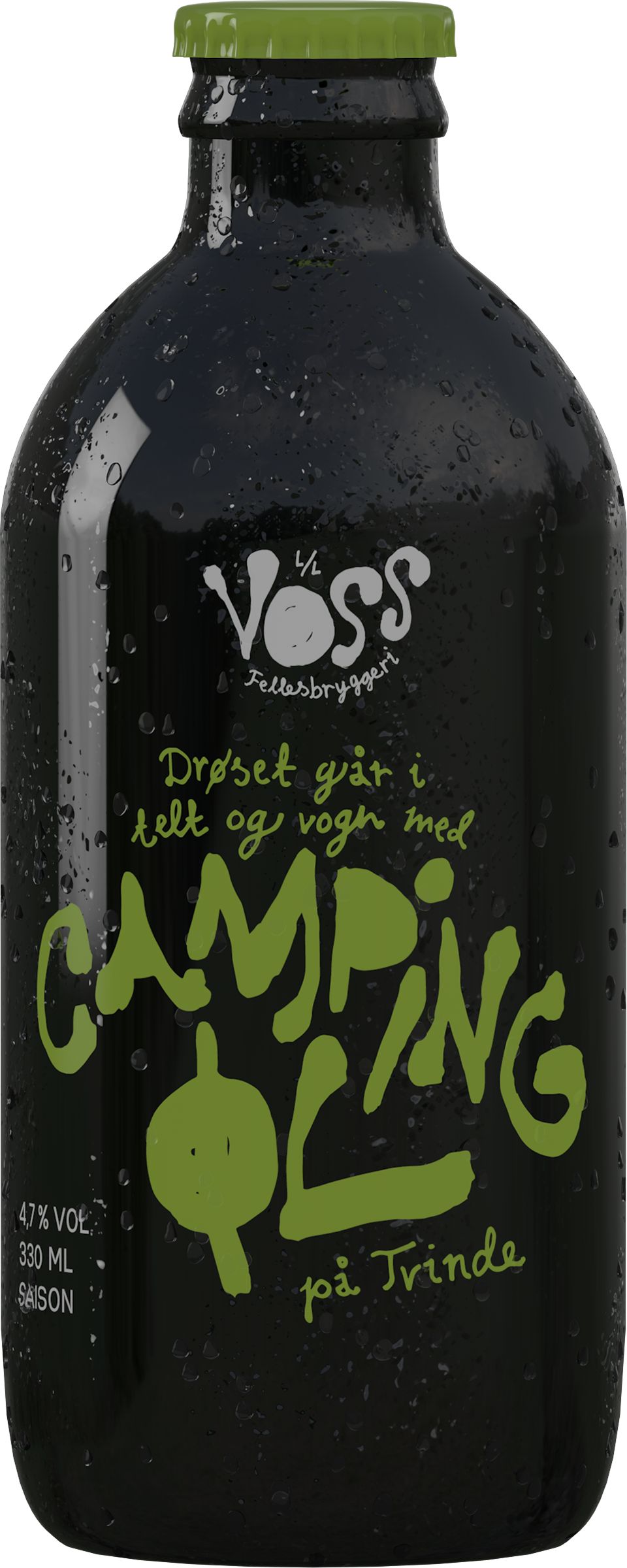 Black bottle labelled "Camping Øl", hand-lettered in green with a matching cap
