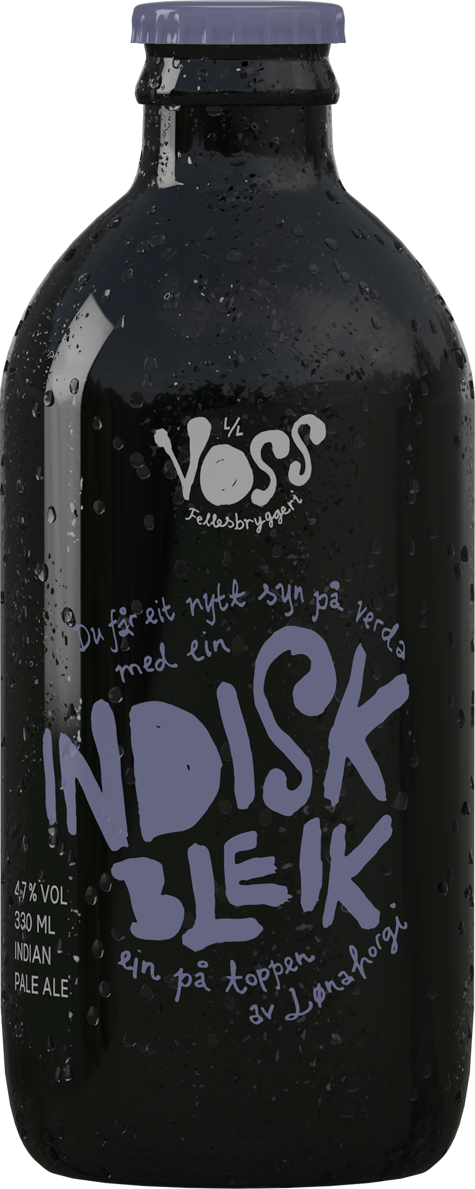 Black bottle labelled "Indisk Bleik", hand-lettered in lavender with a matching cap