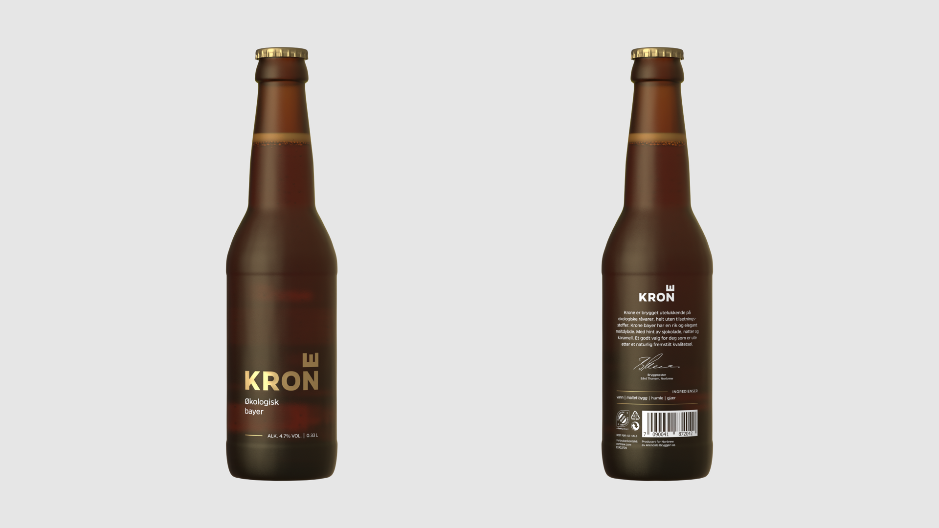 3D-visualised Krone bayer bottle, front and back, before physical bottles existed