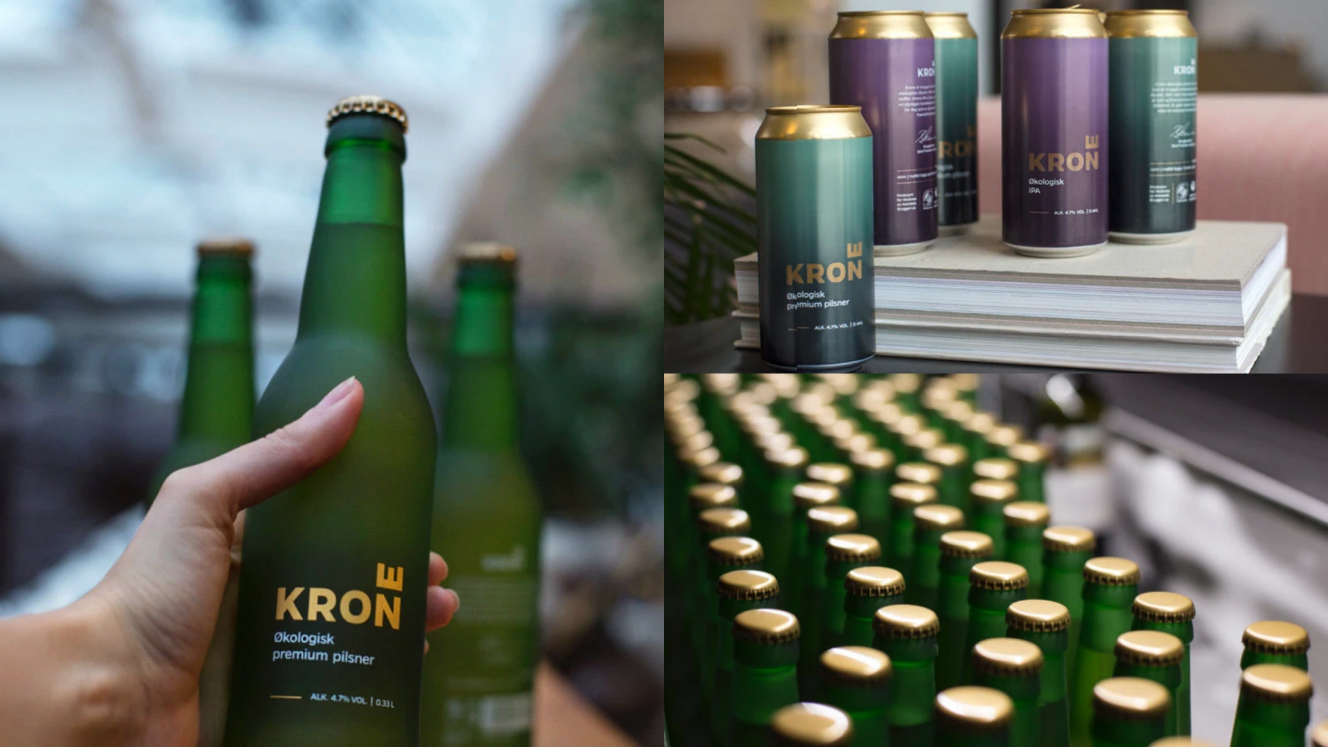 Krone bottles and cans in use, alongside cans on the production line