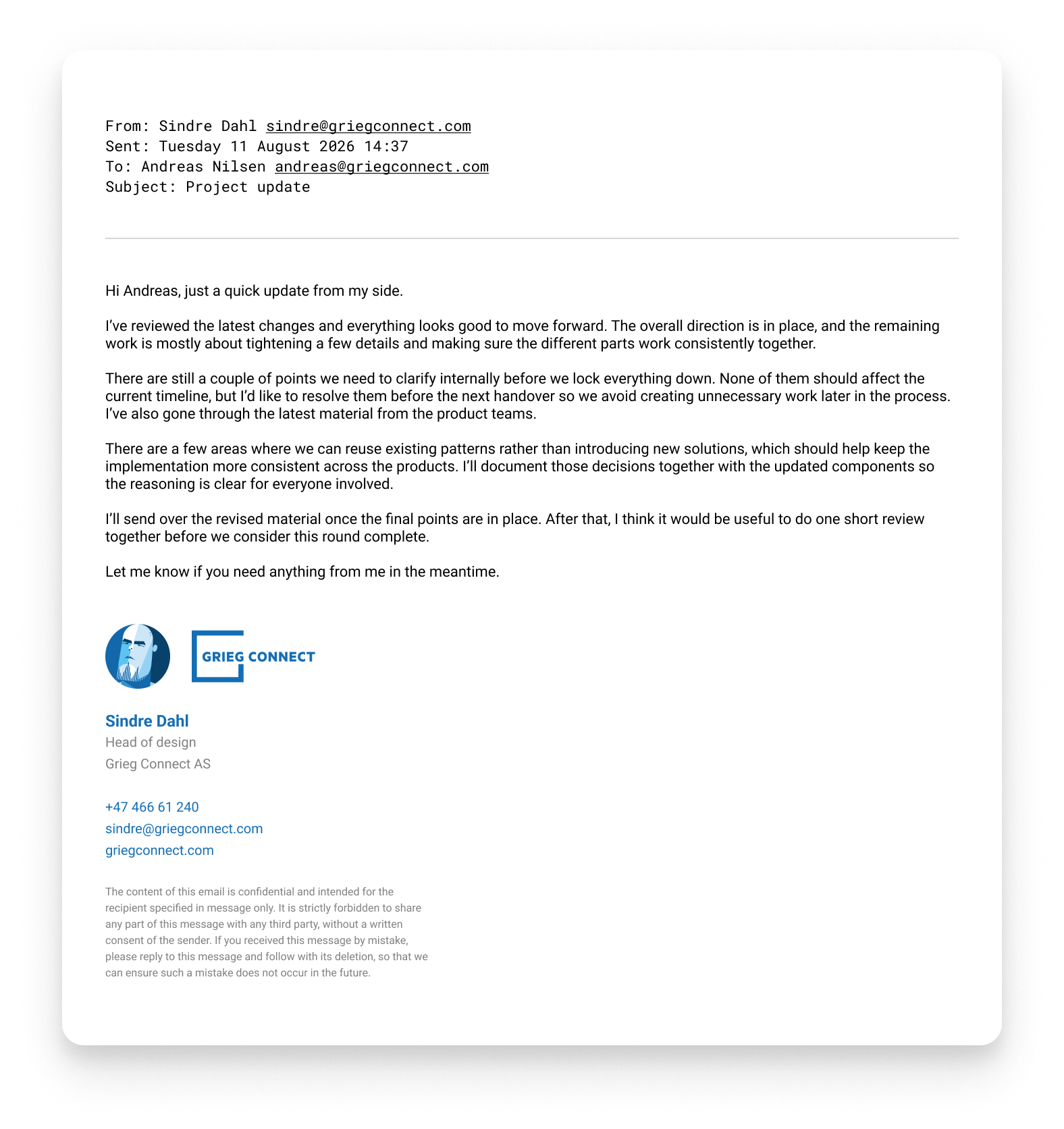An email signature featuring a Grieg Connect portrait illustration, the Grieg Connect logo, name, title and contact details