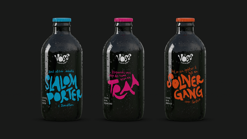Three dark Voss Fellesbryggeri beer bottles in a row, with hand-drawn labels in blue, pink and orange