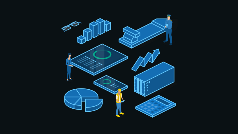 Isometric illustrations of data analysis, shipping containers and people across maritime operations: charts, a harbor officer, a dock worker and an analyst with a tablet