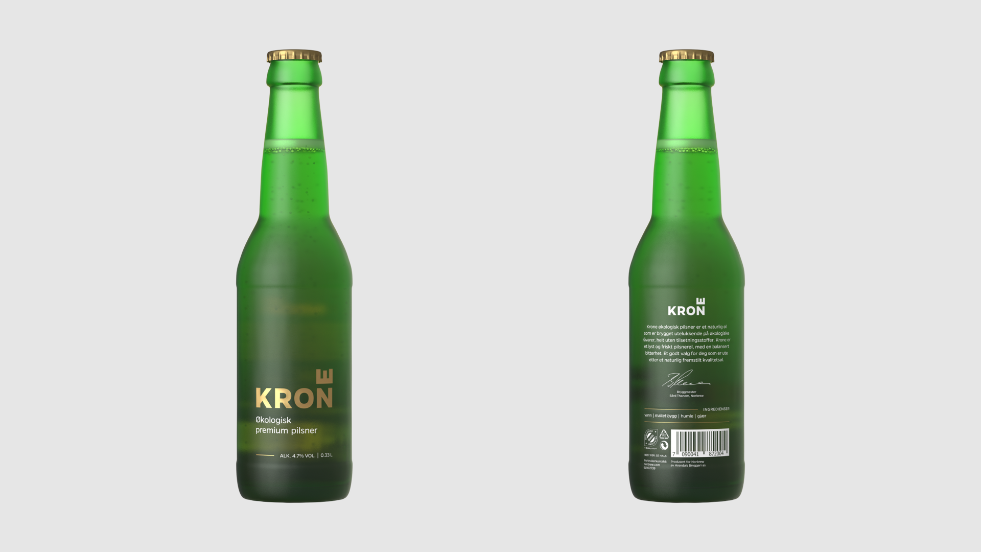 3D-visualised Krone pilsner bottle, front and back, before physical bottles existed