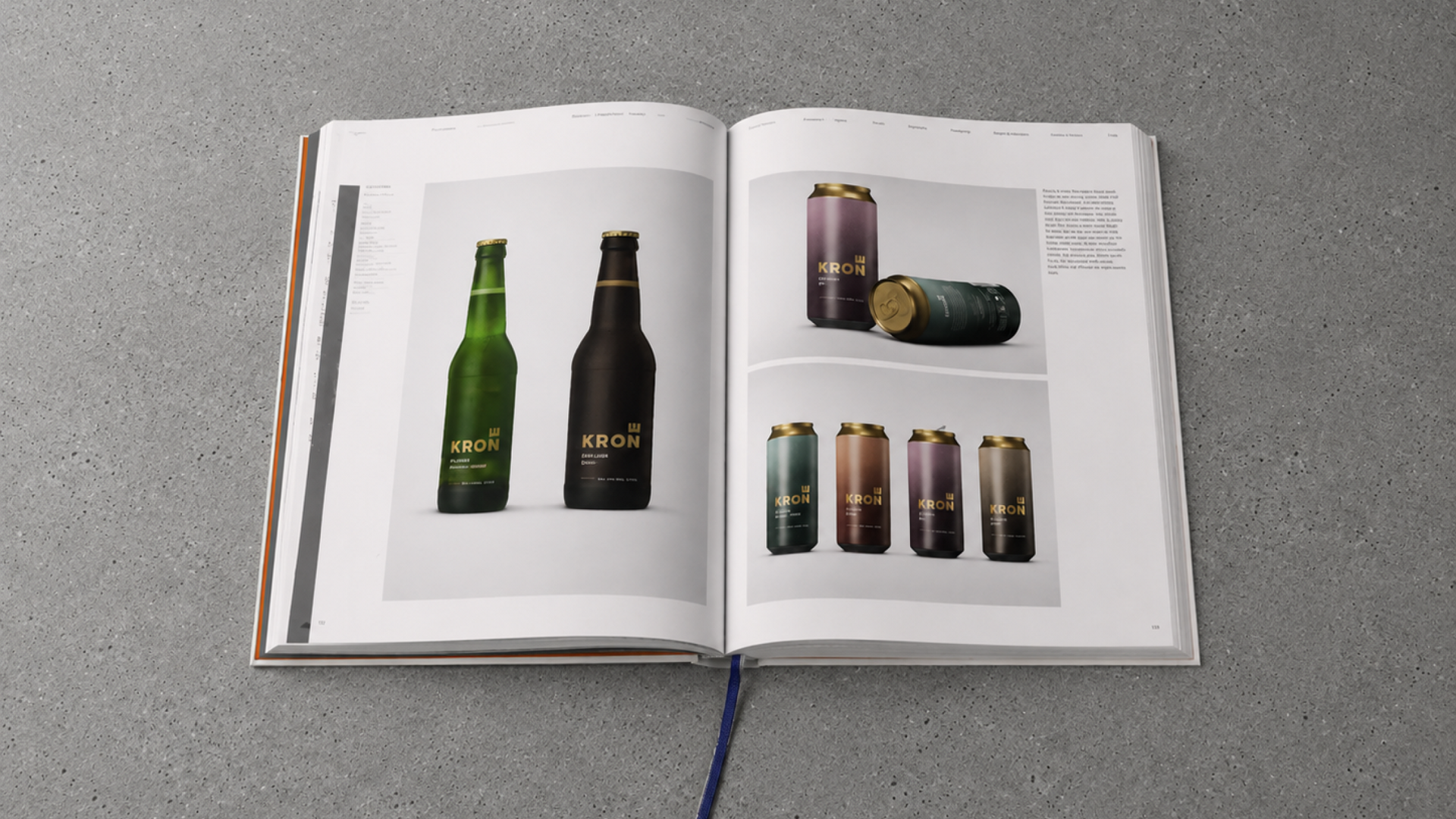 Open brand book spread with Krone's pilsner and bayer bottles on the left page and the full range of coloured Krone cans on the right