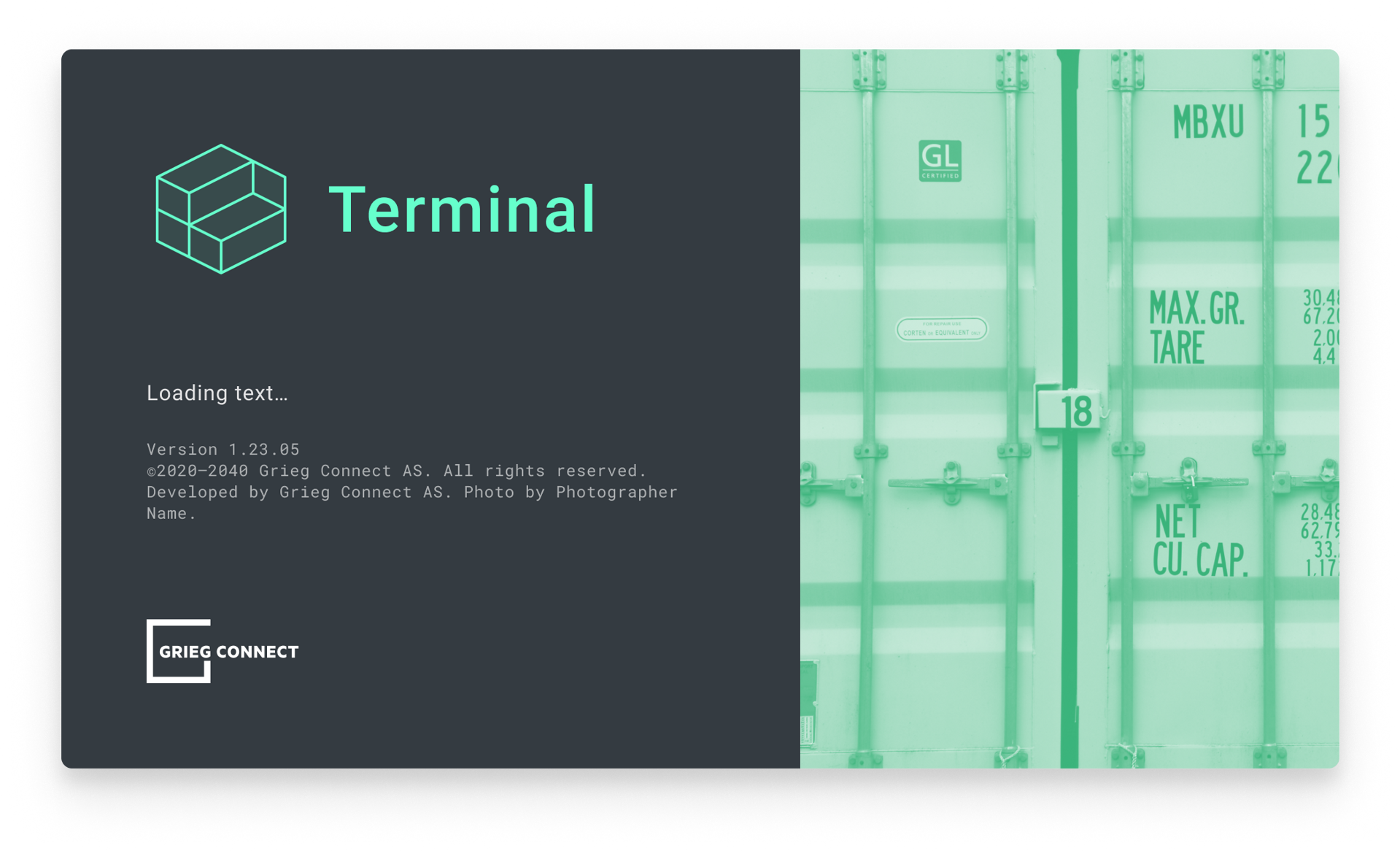 Terminal product splash screen on a dark background, showing the Terminal icon and wordmark, a loading indicator, version and copyright text, and the Grieg Connect logo