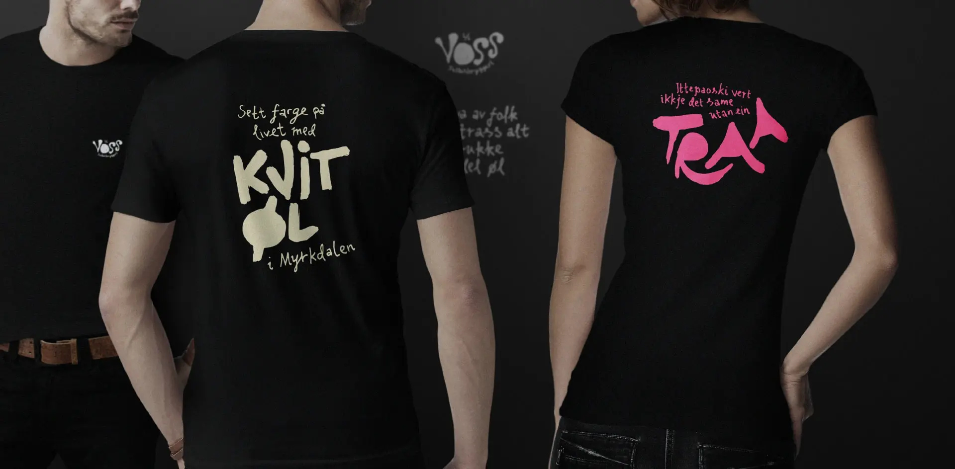 Black t-shirts printed with the same hand-lettered typography — "Kvit øl i Myrkdalen" and "Traa" — extending the handwriting system onto merchandise